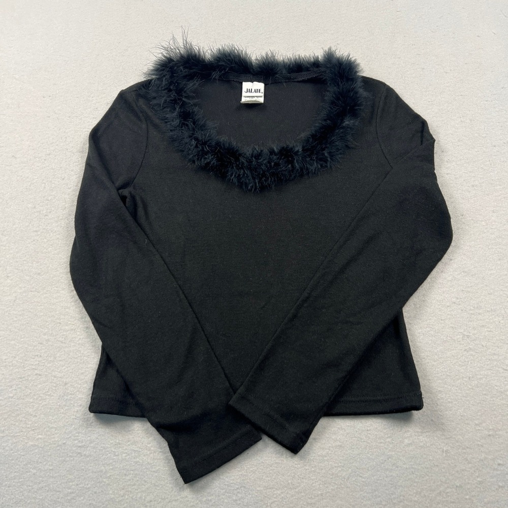 VTG‎ 90s Y2K Black Faux Feather Trim Top Womens Large V-Neck Goth Coquette